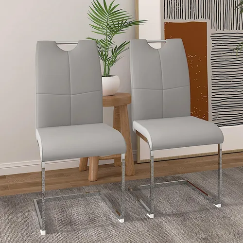 Vista 21 de Juego de 2 sillas de comedor, modernas sillas de comedor de piel sintética con respaldo alto, patas de metal, sillas tapizadas modernas para cocina