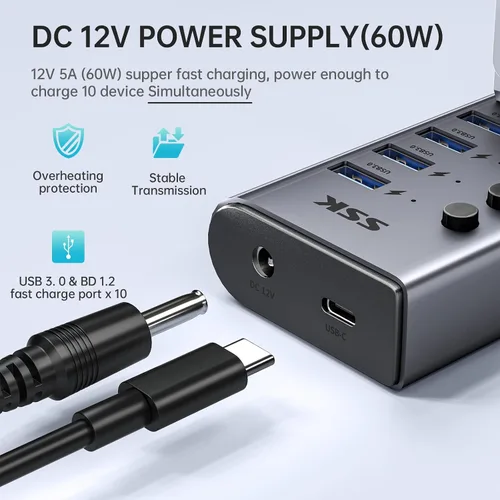 Vista 4 de Hub USB 3.0 alimentado por SSK de 10 puertos, concentrador de carga USB de 60 W Simultaneous Fast Charge,5Gbps Data Transmission,Individual