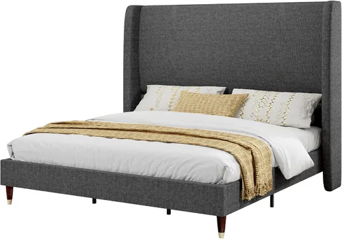 Vista 9 de PaPaJet Base de cama King tapizada de lino de 51.2 pulgadas de alto, color Gris oscuro