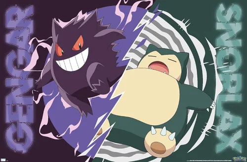 Vista 9 de Trends International Pokémon - Póster de pared de batalla de Gengar Snorlax, 22.4 pulgadas de largo x 14.7 pulgadas, versión enmarcada de madera