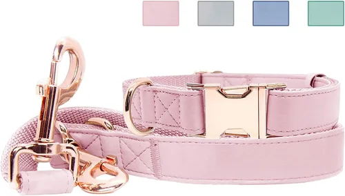 Vista 20 de Juego de collar y correa de cuero suave para perro (6.6 pies), elegante hebilla de metal resistente de oro rosa, correa de 4 longitudes ajustables