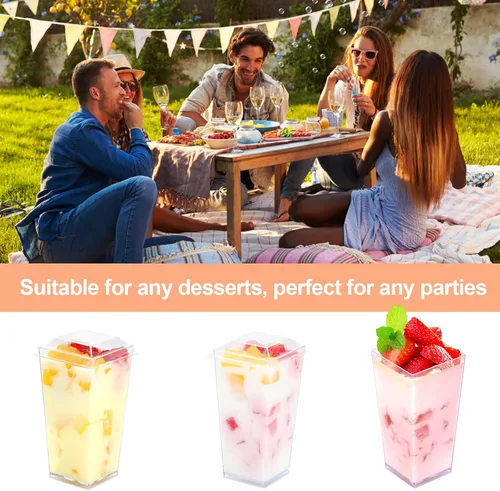 Vista 6 de EASERCY Paquete de 100 mini tazas de postre de 3 onzas con tapas y cucharas, tazas transparentes para postres con cucharas, tazas de parfait