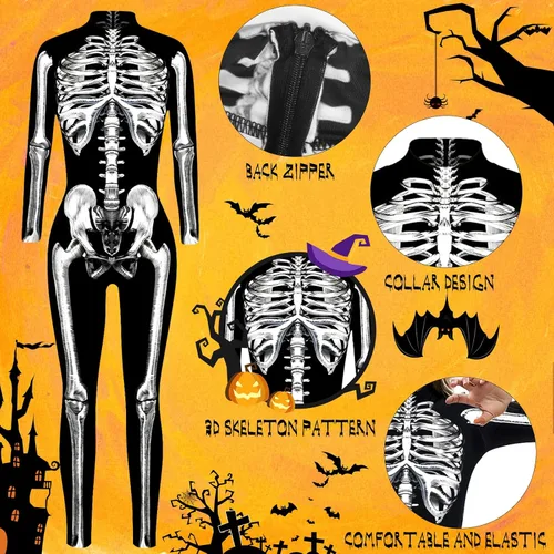 Vista 5 de Disfraz de esqueleto de Halloween para mujer, traje de cosplay con estampado 3D de calavera de hueso, traje ajustado