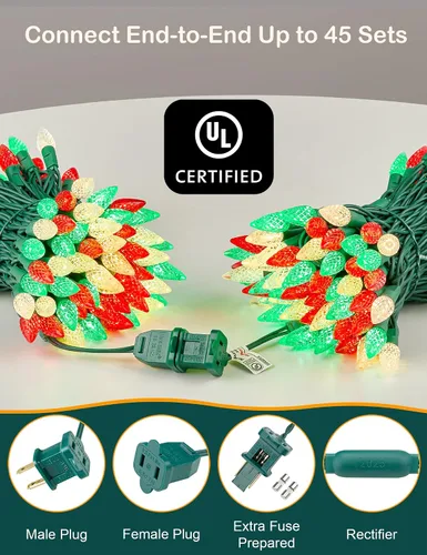 Vista 3 de BOHON Luces de Navidad rojas, blancas y verdes, tira de 50 luces LED facetadas C6 de 17 pies, enchufable, cable verde extensible, mini tira de luces