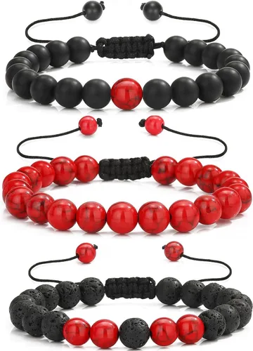 Vista 11 de CNLQ - Pulseras de larga distancia para parejas, regalo a juego, ágata mate de 0.315 in, cuentas de piedra (rojo elástico)