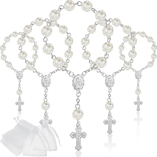 Vista 7 de Jadive Rosarios pequeños para bautizo, cuentas de rosario, rosarios para bautizo de dedo, a granel, con bolsas de organza, centros de mesa