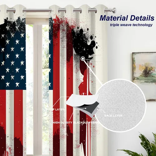 Vista 284 de Batmerry American Flag Ink Dot Blackout Tier Curtains, Red Blue White Stars Abstract Thermal Insulated Half Curtain Rod Pocket Small Valance for