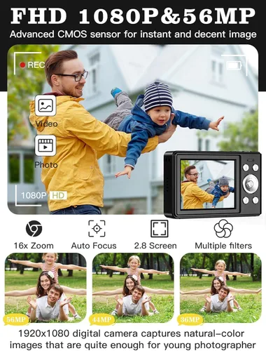 Vista 2 de Cámara digital mejorada, 56MP FHD 1080P para niños con zoom 16x anti-sacudida, tarjeta TF de 32GB, dos baterías, cordón, compacta pequeña para niños