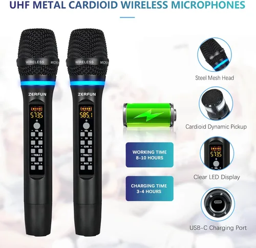Vista 4 de Micrófonos inalámbricos duales recargables, sistema de micrófono inalámbrico de metal UHF micrófono inalámbrico profesional con control de eco