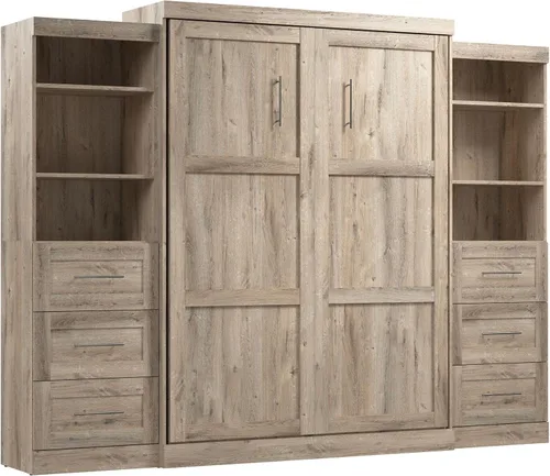Vista 25 de Bestar Pur Queen Cama Murphy con gabinetes de almacenamiento de armario, marrón rústico de 115 pulgadas, arreglo para dormir que ahorra espacio