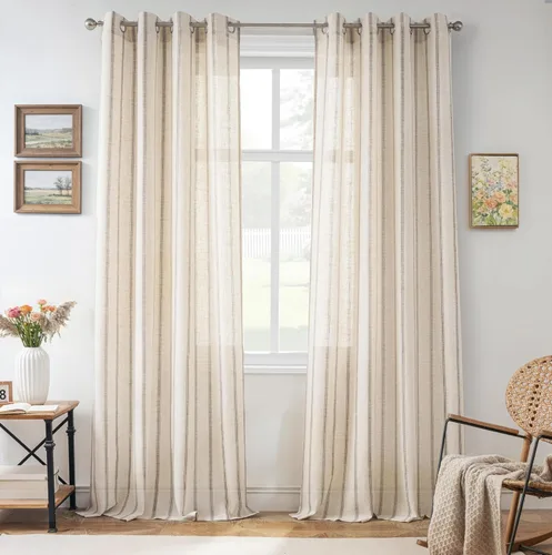 Vista 96 de DriftAway Cortinas de estilo granja con rayas verticales de lino mezclado texturizado con filtro de luz semitransparente para sala de estar