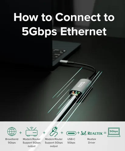 Vista 6 de Plugable Adaptador USB-C a Ethernet de 5 Gbps, actualiza dispositivos USB-C sin Ethernet a redes cableadas estables ultrarrápidas