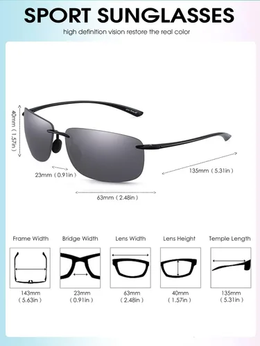 Vista 6 de JIM HALO Lentes de sol deportivos para hombres y mujeres, TR90 sin montura para correr, pescar, ciclismo, conducción