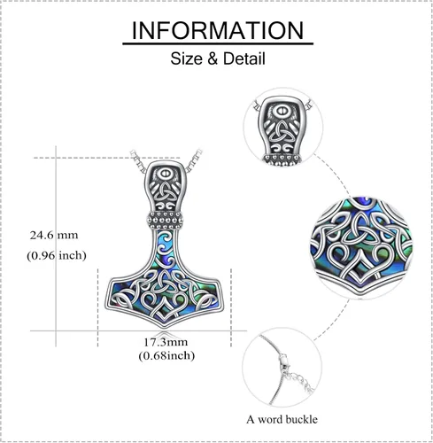 Vista 6 de Mjolnir - Collar con martillo y aretes de abulón de plata de ley, collar con colgante de martillo de Thor y aretes de aro de luna, joyería