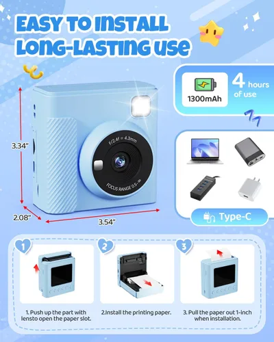 Vista 7 de TIATUA Cámara de Impresión Instantánea para Niños, Regalos de Navidad y Cumpleaños para Niñas y Niños, Cámara Digital de Video HD 1080P para Niños