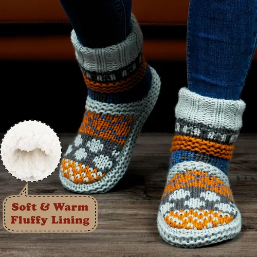 Vista 4 de Pantuflas de punto grueso para mujer para interiores, con forro polar sherpa, botas suaves sin cordones, cálidas y mullidas para el invierno