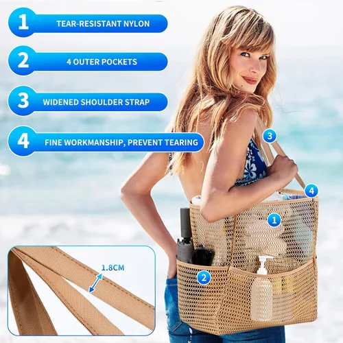 Vista 6 de Bolsa de playa de malla, bolsa de hombro extragrande para mujer, bolsa de piscina para compras, viajes y vacaciones