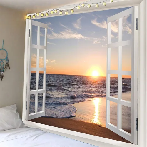 Vista 4 de Homiest Tapiz 3D oceánico para colgar en la pared, sol, puesta de sol, mar, playa, paisaje, tapiz para ventana, tapices para dormitorio, sala