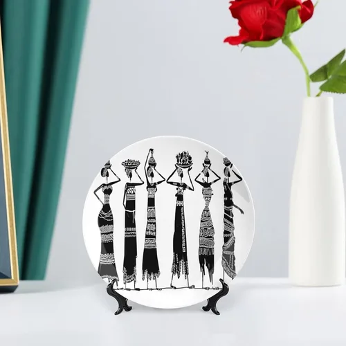 Vista 6 de Plato decorativo de 6 pulgadas, plato de vajilla de mujer africana, boceto de mujeres locales con jarras de cerámica con estampado tribal