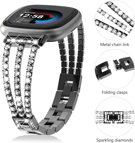 Vista 6 de FULLIFE Compatible con Fitbit Versa 3/Fitbit Versa 4 con diamantes de cristal, correa de acero para Fitbit Sense/Fitbit Sense 2 para mujer