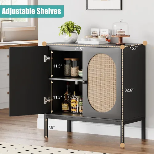 Vista 7 de IDEALHOUSE Gabinete de buffet, armario de almacenamiento de ratán con puertas y estantes, aparador de armario, armario de consola de madera