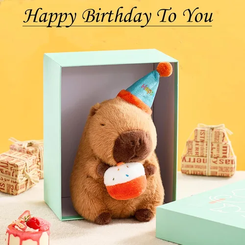 Vista 5 de Peluche de Capibara con Sombrero de Cumpleaños Azul y Lazo de 9 Pulgadas, Lindo Animal de Peluche Suave para Fiestas, Decoración de Fiesta, Juguetes