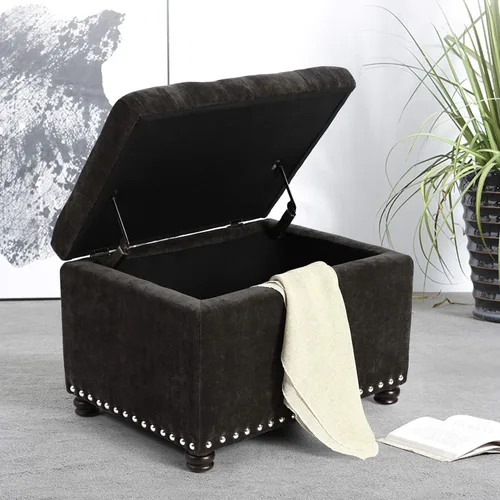 Vista 4 de Homebeez Banco otomano de almacenamiento copetudo, taburete de terciopelo con parte superior elevadora y ribete de cabeza de clavo (gris oscuro)