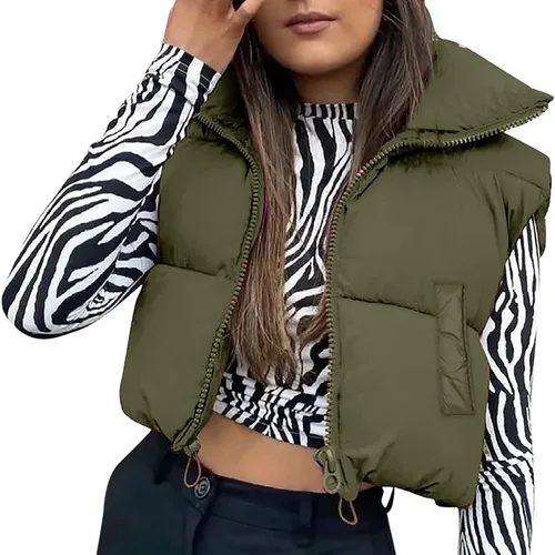 Vista 2 de Chaleco corto de invierno para mujer con cremallera cuello alto acolchado sin mangas abrigado abrigado acolchado abrigo acolchado