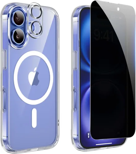 Vista 9 de Funda de privacidad para iPhone 14, funda magnética transparente con protector de pantalla de privacidad y protector de cámara