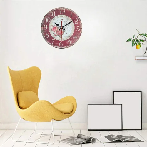 Vista 8 de YeYo Reloj de pared redondo rojo simple estilo europeo rosa reloj de pared madera MDF impermeable flores silenciosas decoración para el hogar, sala