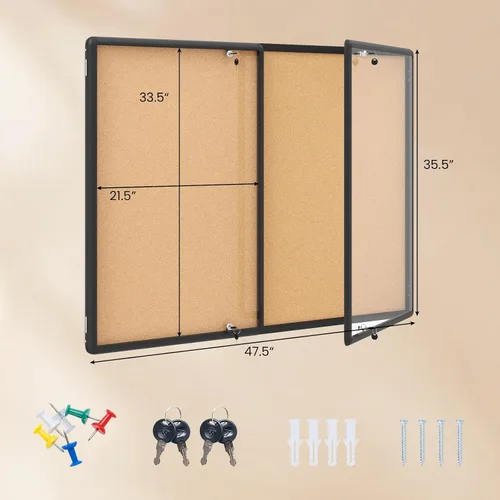 Vista 3 de Goplus Enclosed Bulletin Board, 47.5” x 35.5” Lockable Cork Notice Board