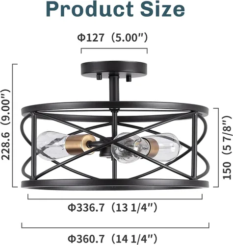 Vista 6 de mavcadonf Lámpara de techo semiempotrada de 3 luces, de 14 pulgadas, industrial y moderna, con jaula de metal, lámpara de techo con acabado