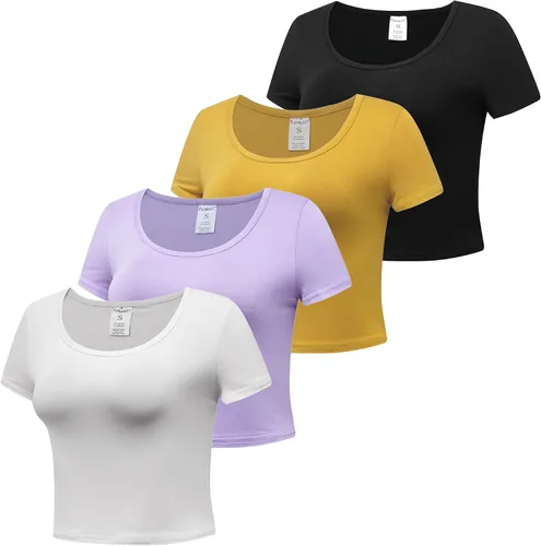 Vista 2 de Formeet17 4 piezas de camisetas cortas básicas con cuello redondo y manga casquillo para mujer