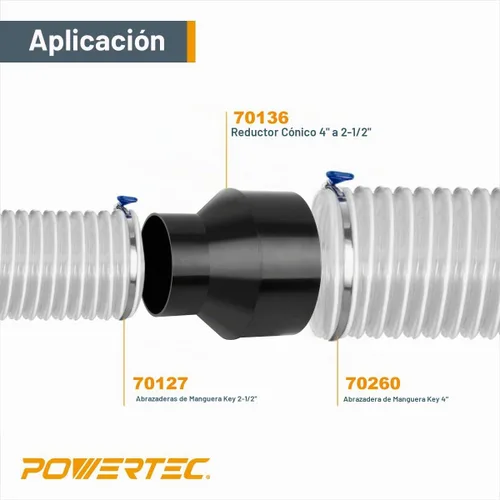 Vista 2 de POWERTEC 70338 Reductor de cono de manguera de 4 pulgadas a 2-1/2 pulgadas con juego de abrazadera de llave