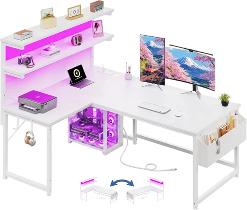 Vista 12 de DurayLoly Escritorio en forma de L para juegos con luz LED y toma de corriente, escritorio reversible en forma de L para computadora de 43.3