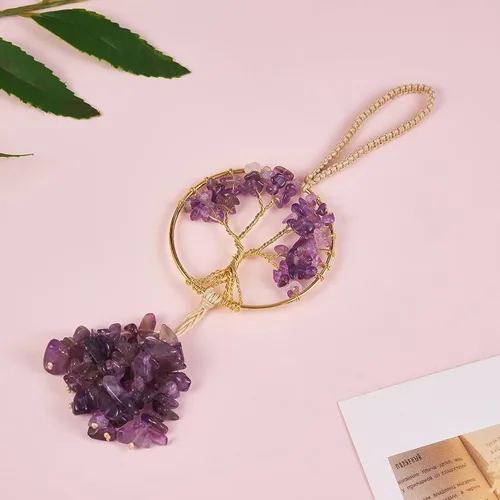 Vista 2 de Adorno de cristal curativo Árbol de la Vida Amatista Natural Árbol de la Vida Charm Espejo de Coche Accesorios Hippie Boho Interior Habitación