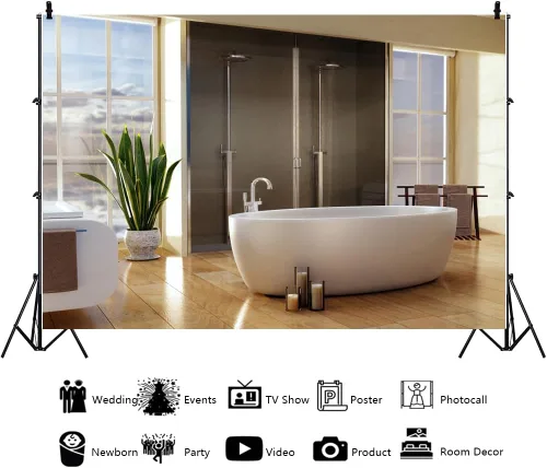 Vista 3 de YongFoto Decoración de interiores de baño de 5 x 3 pies, moderno, fondo de fotografía, bañera de lujo, plantas verdes, telón de fondo de piso