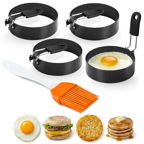Vista 10 de 2 anillos de huevo para freír huevos, molde redondo de acero inoxidable de 2.89 pulgadas, mango plegable, resistente al calor y no deformable