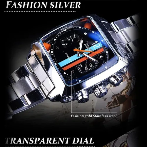 Vista 3 de FANMIS Reloj de pulsera analógico automático de acero inoxidable con fecha oblonga plateada para hombre, Mecánico