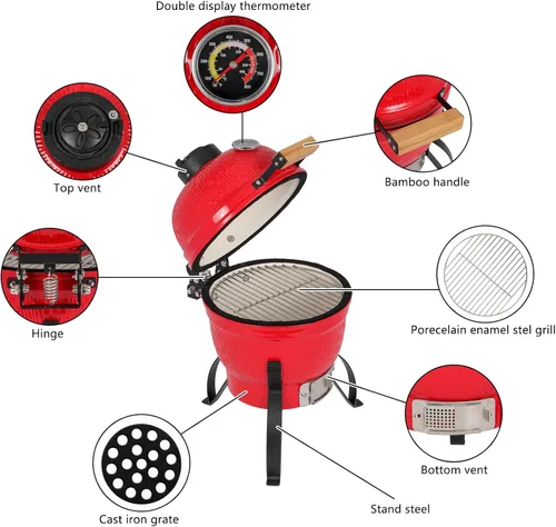 Vista 4 de Outvita Parrilla de cerámica, parrilla de carbón Kamado redonda de 13 pulgadas, parrilla portátil con termómetro para variaciones en los métodos