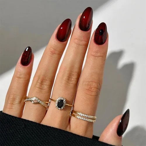 Vista 15 de Uñas postizas a presión de Halloween, uñas postizas de almendra, cobertura completa, uñas postizas rojas con diseños de gotas de sangre, punta 14