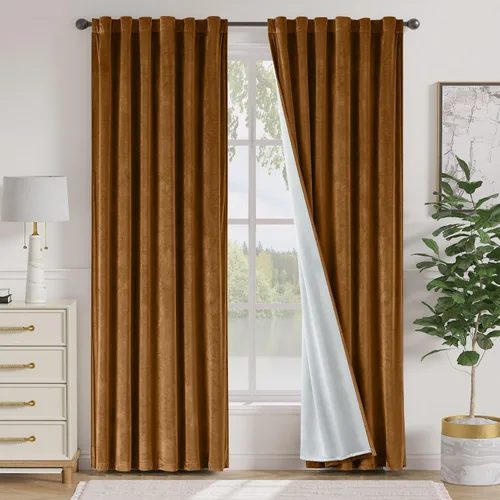 Vista 96 de Lazzzy Cortinas opacas de terciopelo beige de 84 pulgadas de largo con aislamiento térmico para oscurecer la habitación, cortinas forradas de lujo