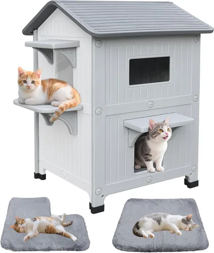 Vista 14 de Casa de plástico para gatos al aire libre – Casa para gatos para exteriores con forro aislante para invierno, 100% resistente a la intemperie
