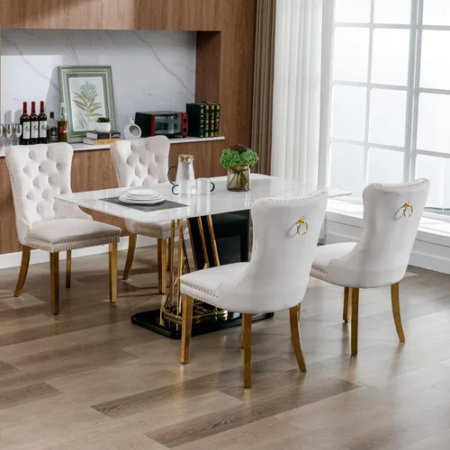 Vista 7 de Juego de 2 sillas de comedor de terciopelo, sillas de comedor tapizadas con tirador de anillo trasero, ribete de cabeza de clavo y patas doradas