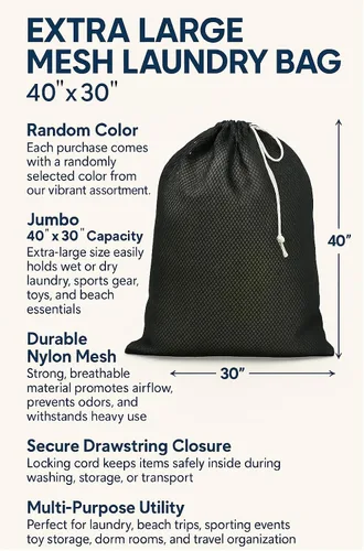 Vista 2 de Bolsa de lavandería de malla extra grande de 40 x 30 pulgadas, cordón, multiusos para lavandería, juguetes, playa, artículos deportivos Dependable