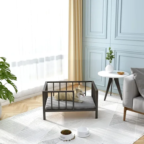 Vista 8 de OSCHF Cama para perros con rieles, marco de cama elevado de metal para mascotas con tablero de madera maciza y tapete suave lavable para perros