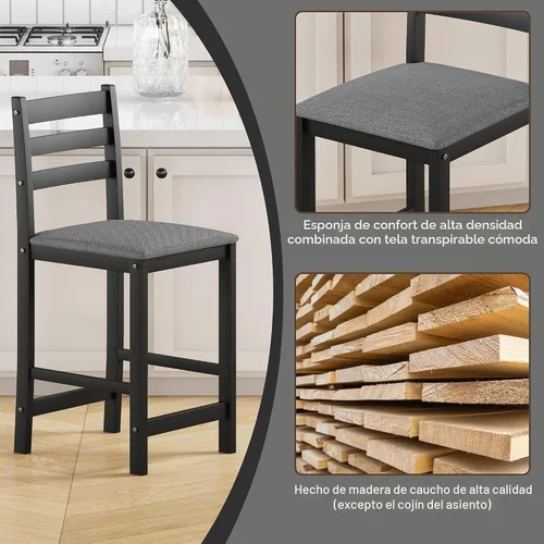 Vista 4 de 24'' Counter Height Bar Stools Set of 2, Solid Wood Island Chairs for Kitchen, Stools for Kitchen Counter, Black Negro