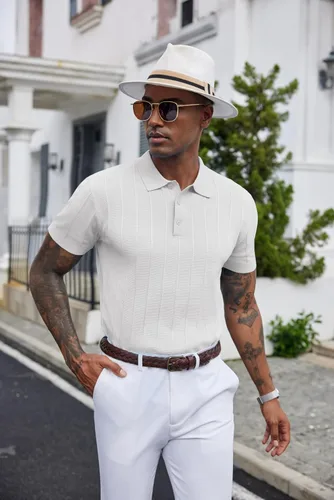 Vista 127 de COOFANDY Camisas polo de punto para hombre de manga corta con textura acanalada Camisas de golf casuales y ligeras con cuello Camiseta de polo