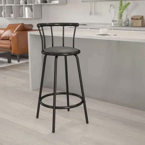 Vista 2 de Flash Furniture Taburete de bar Charla Crown Back de metal negro con asiento giratorio de vinilo negro