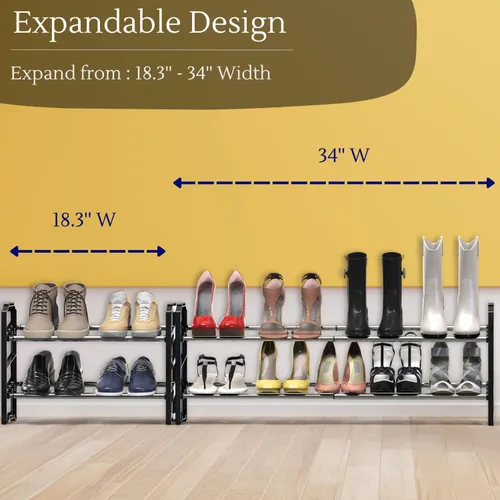 Vista 6 de Simple Houseware Zapatero expandible de 2 niveles (18-34 pulgadas) y apilables con estantes para 8 pares de zapatos, color negro